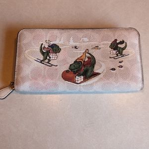 COACH WINTER REXY ZIP AROUND WALLET SIGNATURE CANVAS WITH DINOSAUR SNOW SKI